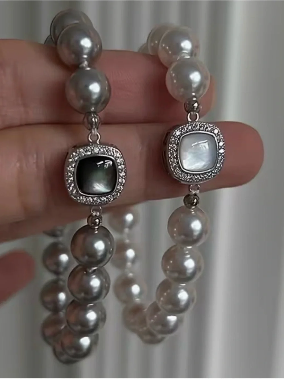 NWT-French Style Layered CZ Inlaid Square Pearl Bracelet
